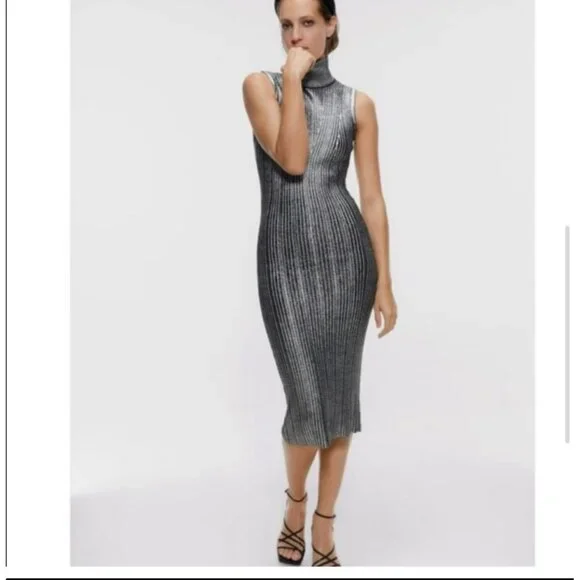 Zara | Dresses | New Zara Metallic Effect Knit Midi Dress Size Medium |  Poshmark